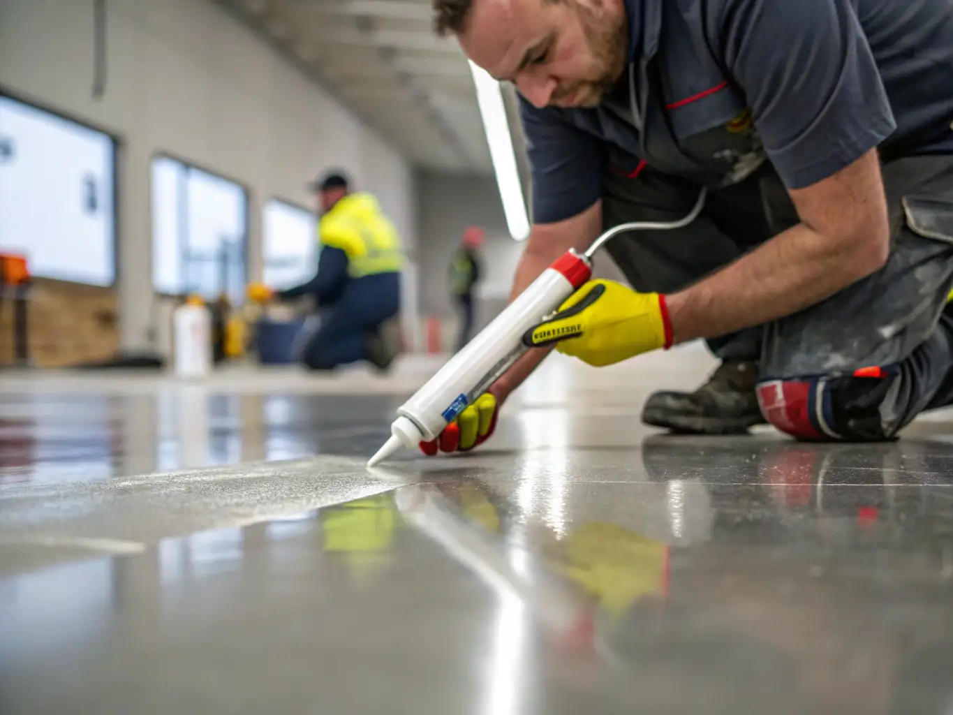 A photograph of a technician applying a concrete coating with professional equipment, emphasizing the expertise and precision of J3-Coatings' installation process.