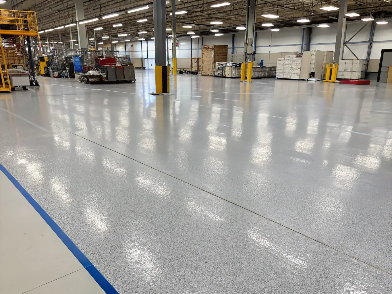 An image showcasing a large commercial warehouse floor with a seamless, slip-resistant coating, highlighting the durability and safety features of J3-Coatings' commercial solutions.