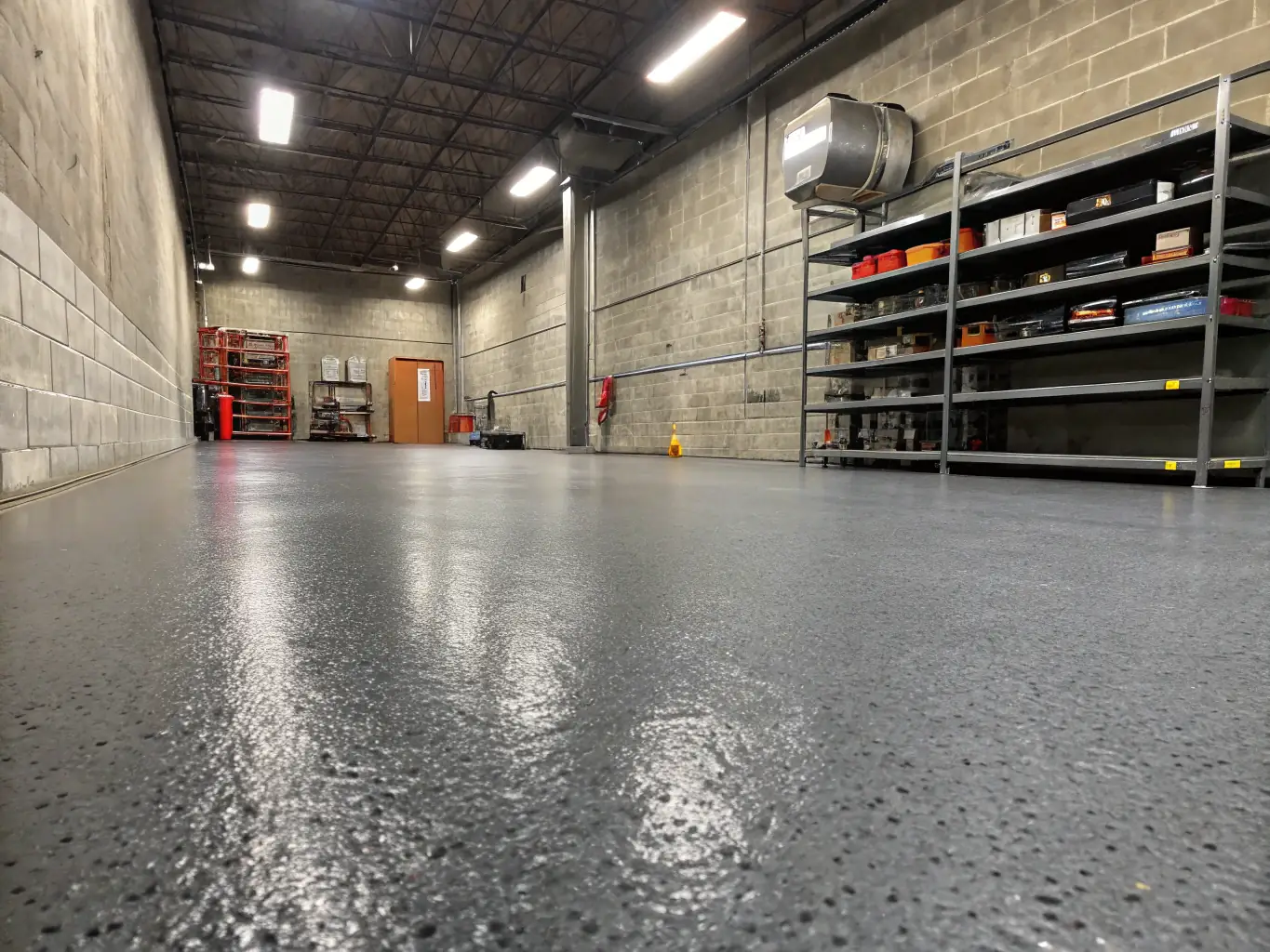 A commercial warehouse floor coated with a durable, slip-resistant polyurethane coating, highlighting safety and resilience in an industrial setting.