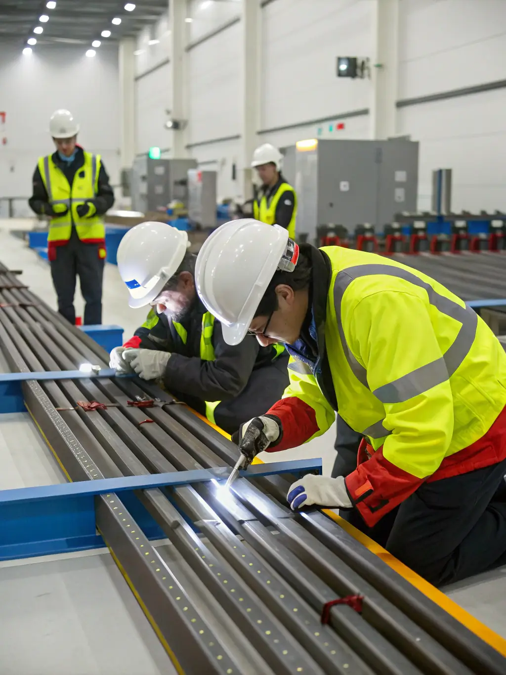 A team of J3-Coatings professionals inspecting a completed commercial coating project, ensuring quality and adherence to standards.