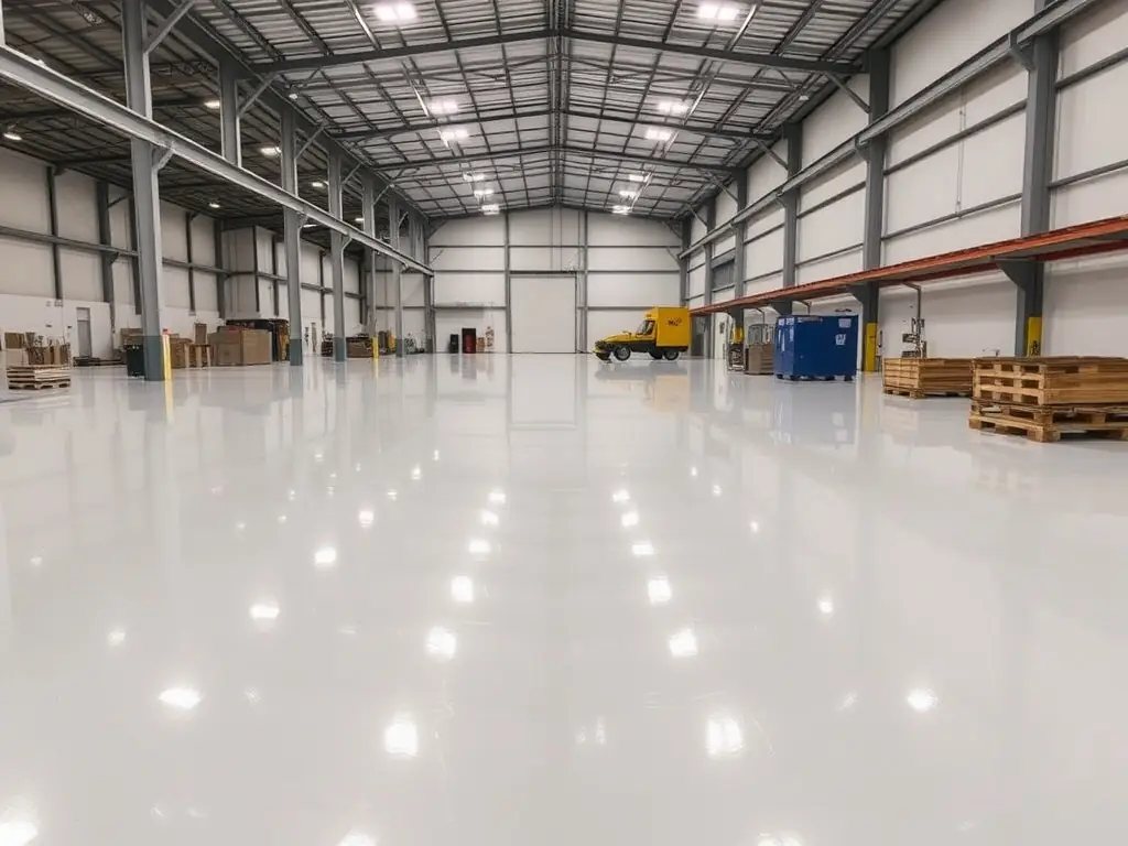 A commercial warehouse floor being coated with a high-performance epoxy coating, designed for heavy machinery and high-traffic areas. The setting includes forklifts and industrial equipment, highlighting the coating's durability and safety features.