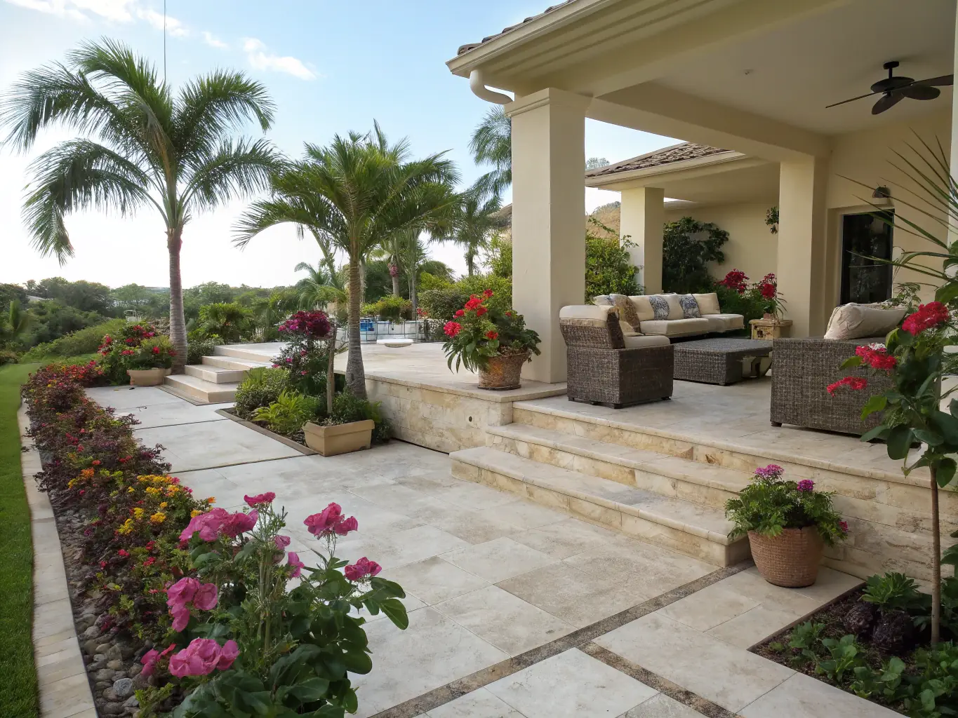 A decorative concrete patio being coated with a weather-resistant finish, creating an inviting outdoor living space. The patio includes stylish furniture and landscaping, showcasing the coating's ability to enhance the aesthetic appeal.