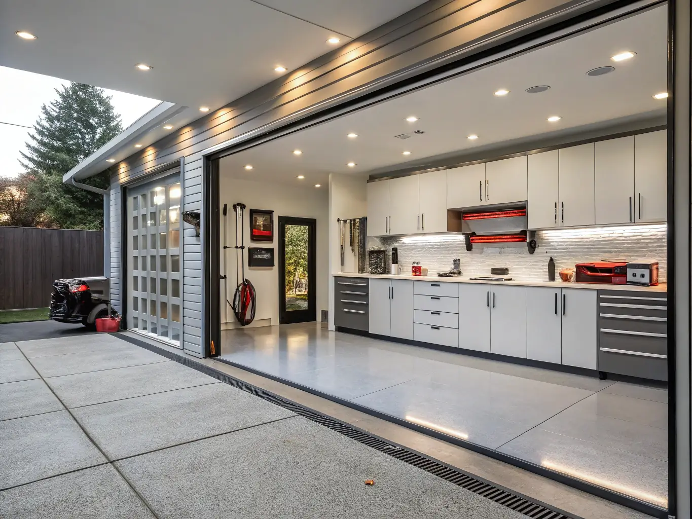 A residential garage floor being coated with a glossy, metallic epoxy finish, showcasing a clean and modern aesthetic. The garage contains organized storage solutions and high-end vehicles, emphasizing the coating's ability to enhance the space.