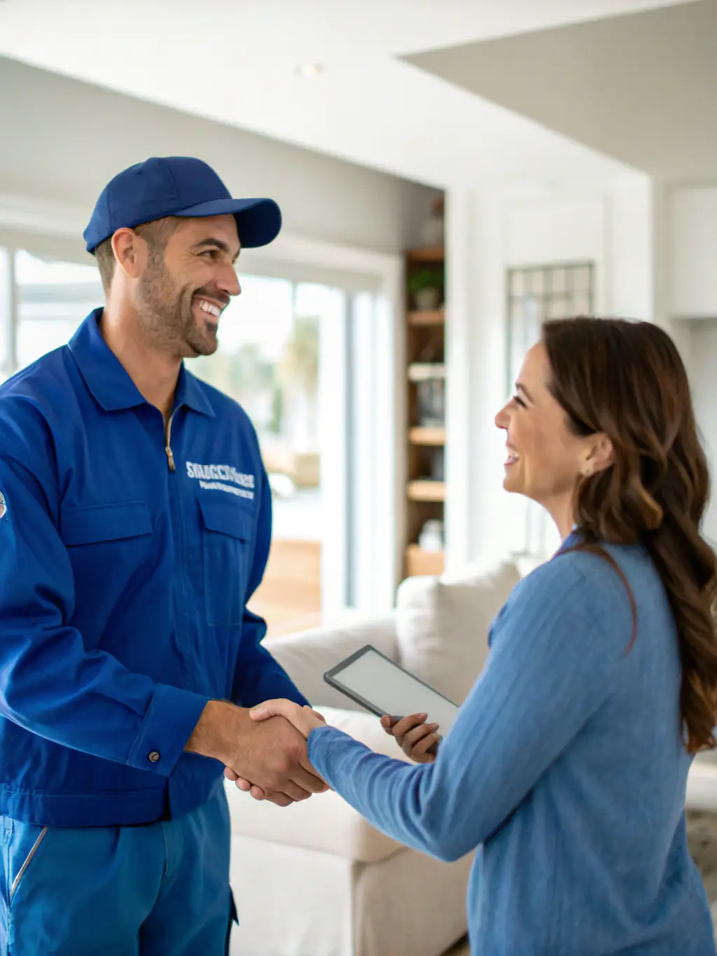 A satisfied customer shaking hands with a J3-Coatings representative after a successful residential coating project.