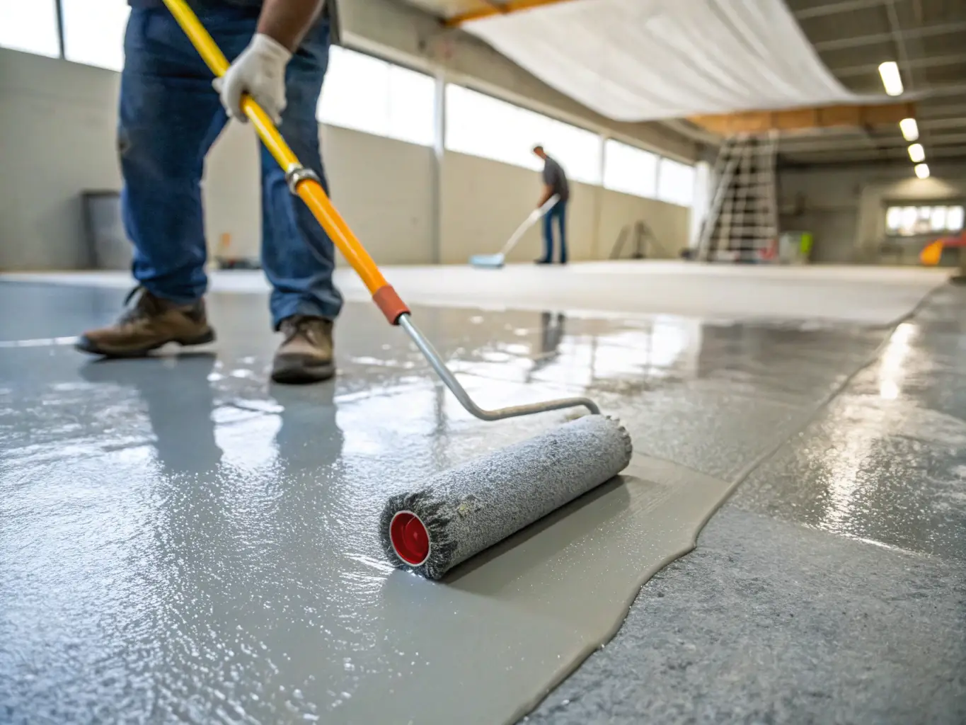 A residential garage floor being coated with a glossy, metallic epoxy finish, showcasing a clean and modern look. The image emphasizes the transformation and durability of the coating.