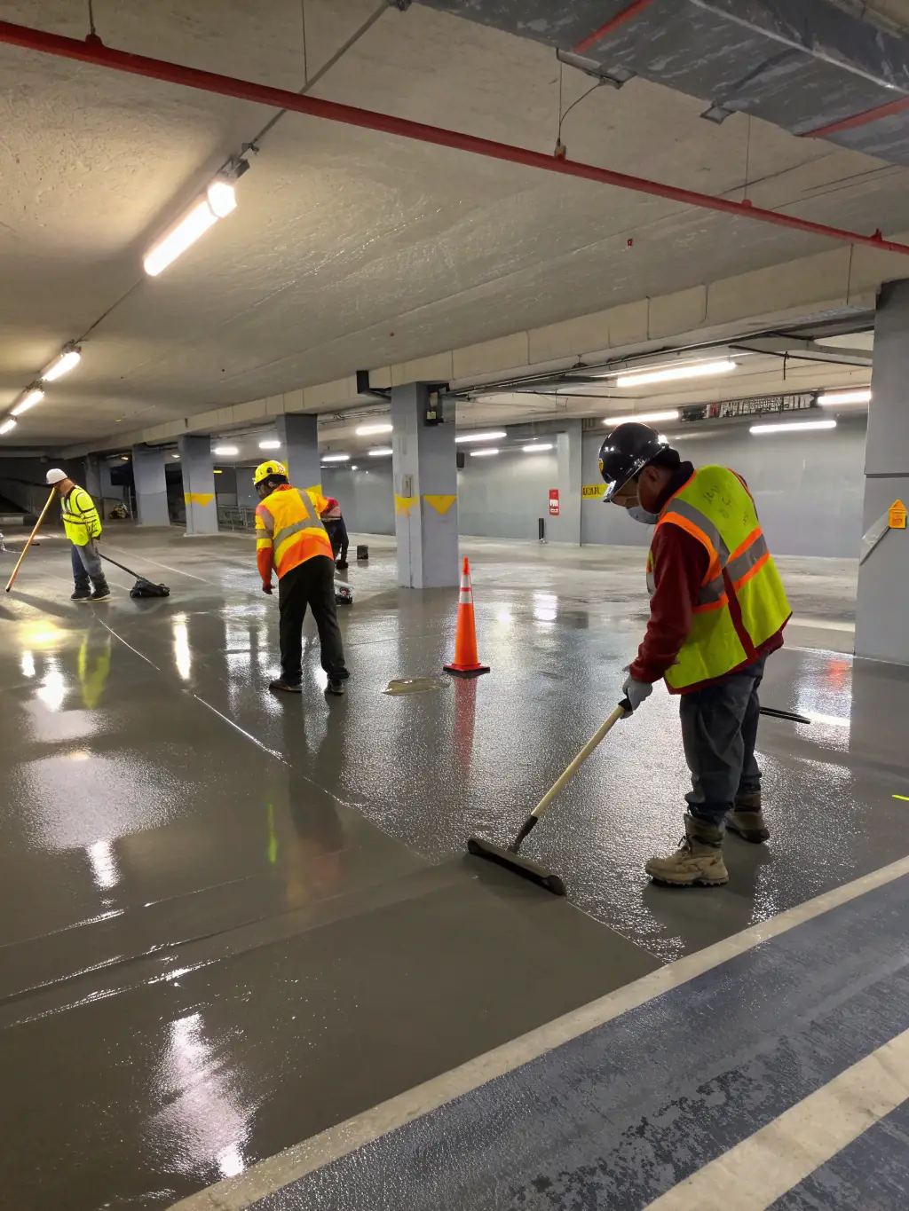A professional installer applying Penntek coating to a garage floor, ensuring even coverage and a smooth finish.